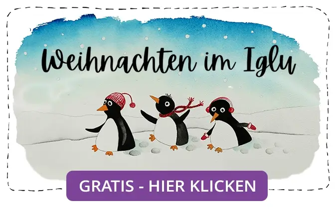 Drei lustige Pinguine im Schnee als Anmeldung zum Newsletter, mit Gratis-Download: der Geschichte "Weihnachten im Iglu"..